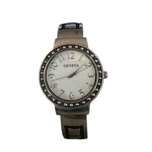 Geneva Vintage Silver Watch Bracelet w Hing Closure, Preppy Classic‎ Office Date